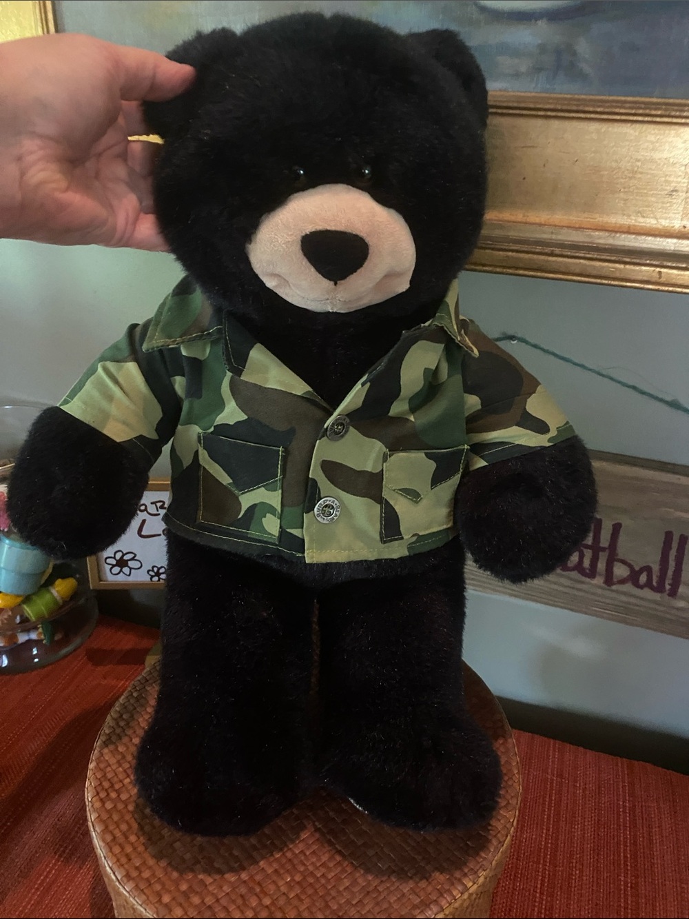 Build-A-Bear Black Plush Bear wearing a green camouflage army-style jacket